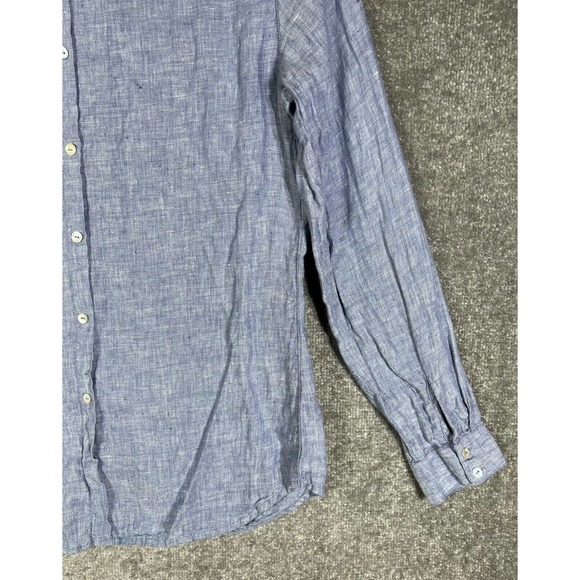 Sigrid Olsen Linen Button Up Shirt Womens Size Medium Blue Roll Tab Sleeve FLAW - Picture 12 of 16